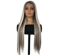 Greenmirr Highlighted Brown Platinum Blonde Lace Front Wig, 13 x 4 Lace Long Straight Heated Synthetic Wig for Women, Daily Cosplay, 61 cm