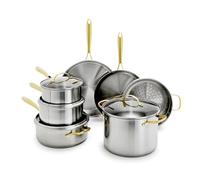 GreenPan 11 Piece Stainless Steel Cookware Set, Induction Ready, Tri-Ply Multiclad Pots & Pans with Lids, Compatible on All Cooktops, Measurement Markings, Dishwasher & Oven Safe, Swift, Gold Handles