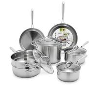 GreenPan 11 Piece Stainless Steel Cookware Set, Induction Ready, Tri-Ply Multiclad Pots & Pans with Lids, Compatible on All Cooktops, Measurement Markings, Dishwasher & Oven Safe,Swift, Silver Handles