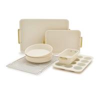 GreenPan Bakeware Set, 7 Piece Nonstick Ceramic Gold Handle Baking Sheets, Cake Pans, Loaf Pan, Muffin Tin, Cooling Rack, PFAS & BPA Free, Freezer to Oven Dish, Bake & Roast Ovenware, Cream