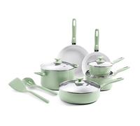 GreenPan Dover Healthy Ceramic Nonstick, 12 Piece Cookware Pots and Pans Set, PFAS-Free, Dishwasher Safe, Comfort Grip Handle, Pastel Green