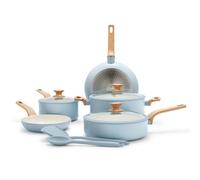 GreenPan Essence 10 Piece Cookware Pots and Pans Set, Healthy Ceramic Nonstick, PFAS-Free, Silicone Rimmed Lids, Wood-Print Handles, Induction Suitable, Dishwasher Safe, Blue Haze