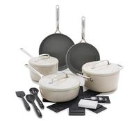GreenPan GP5 Hard Anodized Healthy Ceramic Nonstick 14 Piece Cookware Pots and Pans Set,Heavy Gauge Scratch Resistant,Stay-Flat Surface, Induction, Mirror Finish Handle,Oven Safe,PFAS-Free,Taupe