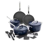 GreenPan GP5 Hard Anodized Healthy Ceramic Nonstick 14 Piece Cookware Pots and Pans Set,Heavy Gauge Scratch Resistant,Stay-Flat Surface, Induction, Mirror Finish Handle,Oven Safe,PFAS-Free, Blue