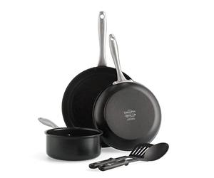 GreenPan Lima Midnight Hard Anodized Healthy Ceramic Non-Stick, 5-Piece Set, Includes Frying Pan, Saucepan, & Nylon and Slotted Turner, PFAS-Free, Induction Suitable, Oven Safe, Black