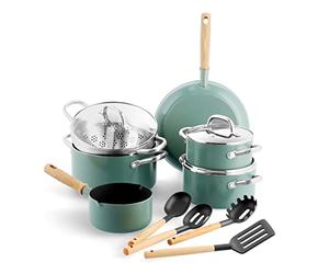 GreenPan Mayflower Healthy Ceramic Non-Stick 13-Piece Cookware Pots and Pans Set, Including Frying Pans, Saucepan, Stockpots, Lids, Strainer, Vintage Wood Handle, PFAS-Free, Induction, Smoky Blue