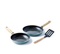 GreenPan Mayflower Healthy Ceramic Non-Stick 3-Piece Frying Pan Skillet Set 20 cm & 24 cm, Including Slotted turner, Vintage Wood Handle, PFAS-Free, Induction, Smoky Blue