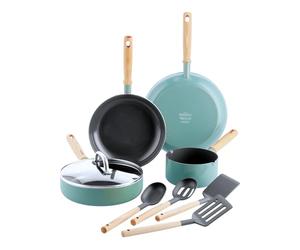 GreenPan Mayflower Healthy Ceramic Non-Stick 9-Piece Cookware Pots and Pans Set, Vintage Wood Handle, PFAS-Free, Induction, Smoky Blue, Blue