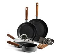 GreenPan Mayflower Pro Hard Anodized Healthy Ceramic Nonstick, 9 Piece Cookware Set, Inclu. Fry Pan Saucepan, Sauté Pans & Utensils, Vintage Wood Handle, PFAS-Free, Induction Suitable, Charcoal Gray