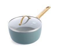 GreenPan Padova Hard Anodized Healthy Ceramic Nonstick, 18 cm Saucepan with Glass Lid, PFAS-Free, Induction, Gold Handle, Oven Safe, Light Blue