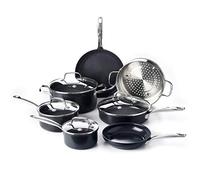 GreenPan Lima Midnight Hard Anodized Healthy Ceramic Non-Stick 11-Piece Cookware Pots and Pans Set, Includes Frying pans, Saucepans, Stockpot, Sauté pan, PFAS-Free, Induction Suitable, Oven Safe,Black