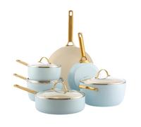 GreenPan Reserve 10-Piece Non-Stick Cooking Utensils Set - Healthy Hard Anodized Ceramic Cooking Utensils with Pans Frying Pan and Saucepan - Gold Handle, PFAS Free, Induction - Oven Safe, Light Blue