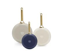 Greenpan Reserve 8” 10” and 12” Induction Suitable Frying Pan Set, Ceramic Nonstick Hard Anodized Skillets, PFAS & PFOA-Free, Dishwasher and Oven Safe, Gold Handles, Navy, Taupe, Cream Mixed Colors