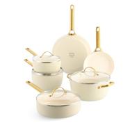 GreenPan Reserve Hard Anodised Healthy Ceramic Non-Stick Cookware, 10 Pieces, with Frying Pans, Saute Pan and Stewing Pot, Gold Handle, PFAS-Free, Induction, Oven-Safe, Dishwasher Safe, Cream White