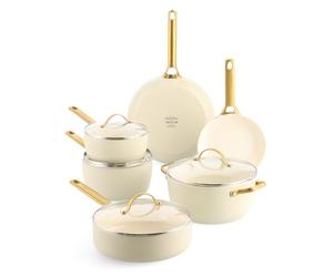 GreenPan Reserve Hard Anodised Healthy Ceramic Non-Stick Cookware, 10 Pieces, with Frying Pans, Saute Pan and Stewing Pot, Gold Handle, PFAS-Free, Induction, Oven-Safe, Dishwasher Safe, Cream White