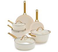 GreenPan Reserve Hard Anodized Healthy Ceramic Nonstick 10 Piece Cookware Pots and Pans Set, Gold-Tone Stainless Steel Handles, PFAS & PFOA-Free, Dishwasher Safe, Oven & Broiler Safe, Cream White