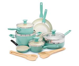 GreenPan Rio Healthy Ceramic Non-Stick 16 Piece Pots and Pans Cookware Set, Includes Frying Pans, Saucepans, Utensils,PFAS Free,Stay-Cool Handle,Oven Safe up to 160°C,Dishwasher Safe,Turquoise & Cream