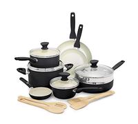 Greenpan Rio Healthy Ceramic Non-Stick 16 Piece Pots Cookware Set, Includes, Saucepans, PFAS Free, Stay-Cool Handle,Black & Cream