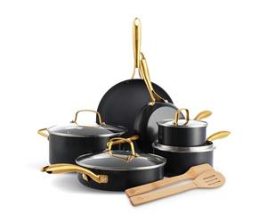GreenPan Swift 12 Piece Cookware Pot and Pans Set, PFAS & PFOA-Free Healthy Ceramic Nonstick, Gold Stainless Steel Handle, Versatile Cooking Essentials, Dishwasher & Oven Safe, Black