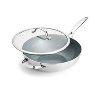 Greenpan Valencia Pro Tri-Ply Stainless Steel 12” Wok with Lid, Healthy Ceramic Nonstick PFAS-Free PFOA- Free Coating, Multi Clad Cookware, Induction, Dishwasher Safe, Oven and Broiler Safe