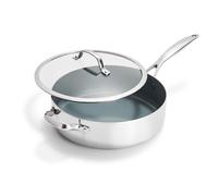 Greenpan Valencia Pro Tri-Ply Stainless Steel 5QT Sauté Pan with Lid, Healthy Ceramic Nonstick PFAS-Free PFOA-Free Coating, Multi Clad Cookware, Induction, Dishwasher Oven and Broiler Safe