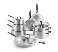 GreenPan Venice Pro Noir 14-Piece Pot and Pan Set, 3-Layer Stainless Steel, Matte Black Handles, Induction, Professional Cooking, 18/10 Stainless Steel, Dishwasher Safe, Oven Safe up to 315°C, Silver