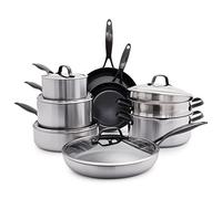 GreenPan Venice Pro Noir Tri-Ply Stainless Steel Healthy Ceramic Non-Stick 13 Piece Cookware Pots, Matte Black Handle, PFAS-Free, Induction, Silver