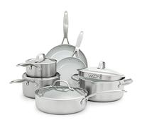 GreenPan Venice Pro Tri-Ply Stainless Steel Healthy Ceramic Non-Stick 10 Piece Cookware Pots and Pans Set, Includes Frying Pans, Saucepans, Sauté pan, PFAS Free, Multi Clad, Induction,Oven Safe,Silver