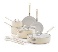 GreenPan x Bobby Flay 13 Piece Nonstick Cookware Pots and Pans Set, PFAS-Free Diamond Ceramic, Induction Suitable, Easy Clean Dishwasher & Oven Safe, Stay-Cool Silicone Handles, Glass Lids, Cream