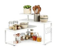 GREENSAPPIRE 3-Tier Corner Spice Rack Organizer, Countertop Organizer with 4 Hooks, Rustic Kitchen Shelf for Coffee Bar, Bathroom, Cabinet, Desk Storage Rack (White)