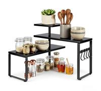 GREENSAPPIRE 3-Tier Corner Spice Rack Organizer, Countertop Organizer with 4 Hooks, Rustic Kitchen Shelf for Coffee Bar, Bathroom, Cabinet, Desk Storage Rack (Black)