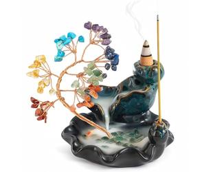 GREENSAPPIRE Ceramic Lake Waterfall Incense Burner Crystal Tree Backflow Incense Burner 7 Chakra Crystal Tree Scented Sticks Holders Ceramic Mountain Lake Base with Koi Fish Home Decor Gifts
