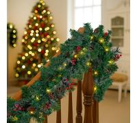 GREENSAPPIRE Christmas Garland 6FT/1.8M Pre-lit Artificial Christmas Garland with LED Lights 10 Red Berries 4 white pine needles Decorations for Indoor Outdoor Fireplace Stair Front Door Xmas 2PCS