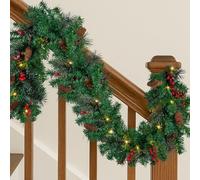 GREENSAPPIRE Christmas Garland 6FT/1.8M Pre-lit Artificial Christmas Garland with LED Lights 10 Red Berries 4 white pine needles Decorations for Indoor Outdoor Fireplace Stair Front Door Xmas 5PC