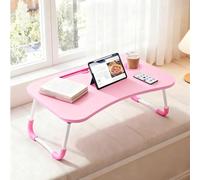 GREENSAPPIRE Laptop Bed Table with Foldable Legs - Height Adjustable Bed Tray with Cup Holder & Phone Slot, Portable Notebook Stand for Sofa Bed Floor Use (Pink)