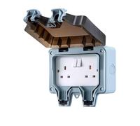 GREENSAPPIRE Outdoor Socket Box Waterproof 2 Gang Double Socket IP66 13A | Durable polycarbonate outdoor plug socket with sealed cover protects garden and garage power connections from dust and water.