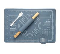GREENSAPPIRE Wooden Rolling pin &Silicone Baking mats Set Large 40×60cm Non-Stick Pastry Mat with Pastry Brushes and Dough Scraper with Measurements for Dough Cookies Fondant Heat Resistant (Blue L)