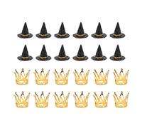 Greensen Mini Witch Hat and Princess Crown Cake Toppers, 12 Witch Hats 12 Crowns for Cupcake Decorations for Halloween Birthday Party Wedding Gothic Theme (Gold)