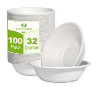greensight Large Paper Bowls 32 oz, 100 Pack Compostable Bowls, Disposable Bowls For Hot Soup, Salads,Cereals, Heavy Duty Paper Bowls For Microwavable Safe, White Bagasse Bowls