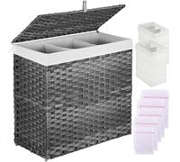 Greenstell Laundry Hamper with 2 Removable Liner Bags & 5 Mesh Laundry Bag, 3 Sections Divided Hampers Handwoven Synthetic Rattan Laundry Basket with Lid and Handles, Easy to Install Gray