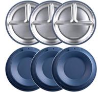 Greentainer 3 Pack Stainless Steel Plate, Silicone Divided Plate with Suction Base, Toddler Utensils Baby Feeding Set, Baby-Led Weaning, Reusable, BPA-Free, Dishwasher Safe (Blue)