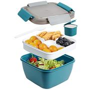 Greentainer 52 OZ to Go Salad Container Lunch Box, BPA-Free, 3-Compartment for Salad Toppings and Snack Bowl with Dressing Container, Built-in Reusable Spoon, Microwave Safe(Dark Blue)