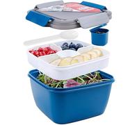 Greentainer 52 OZ to Go Salad Container Lunch Box, BPA-Free, 3-Compartment for Salad Toppings and Snacks Bowl with Dressing Container, Built-in Reusable Spoon, Microwave Safe-Navy