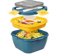 Greentainer Lunch Box Leak-Proof Bento Box with 1 Fork, Salad Container with Dressing Container, 3 Compartments Salad Box-to-Go for School, Work, Picnic, Travel, Camping (Light Blue, 1700 ml)