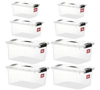Greentainer Stackable Plastic Tote Boxes - 25L Storage Boxes with Lid and Buckles, Clear Latch Boxes for Home, Kitchen, Office, Clothes, Books, Toy Organiser, BPA-Free, 8 Pack