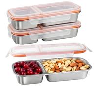 Greentainer Stainless Steel Snack Box with 2 compartments, Snack Container, Bento Box Lunch Container with Lid, Divided Salad Box for Candies Spices Nuts Cookies Vegetables, 3 Pack