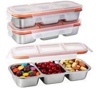Greentainer Stainless Steel Snack Box with 3 compartments, Snack Container, Bento Box Lunch Container with Lid, Divided Salad Box for Candies Spices Nuts Cookies Vegetables,3 Pack