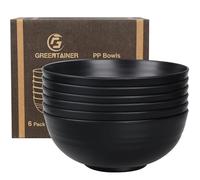 Greentainer Unbreakable Large Cereal Bowls - 2.25L Plastic Lightweight Salad, Soup, Fruit Bowl Set for Kitchen Storage Organizer, Dishwasher & Microwave Safe, 6 Pcs (Black)