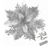 Greentime 12 Pcs 14cm Silver Poinsettia Artificial Flowers With Clips And Stems Glitter Christmas Tr