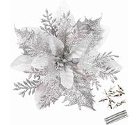 GREENTIME 12 Pcs Glitter Poinsettia 5.5" Artificial Flowers Christmas with Clips Stems Xmas Tree Ornaments for New Year Party Stairs Fireplace Porch Balcony Garden Church Wreath Decoration (Silver)